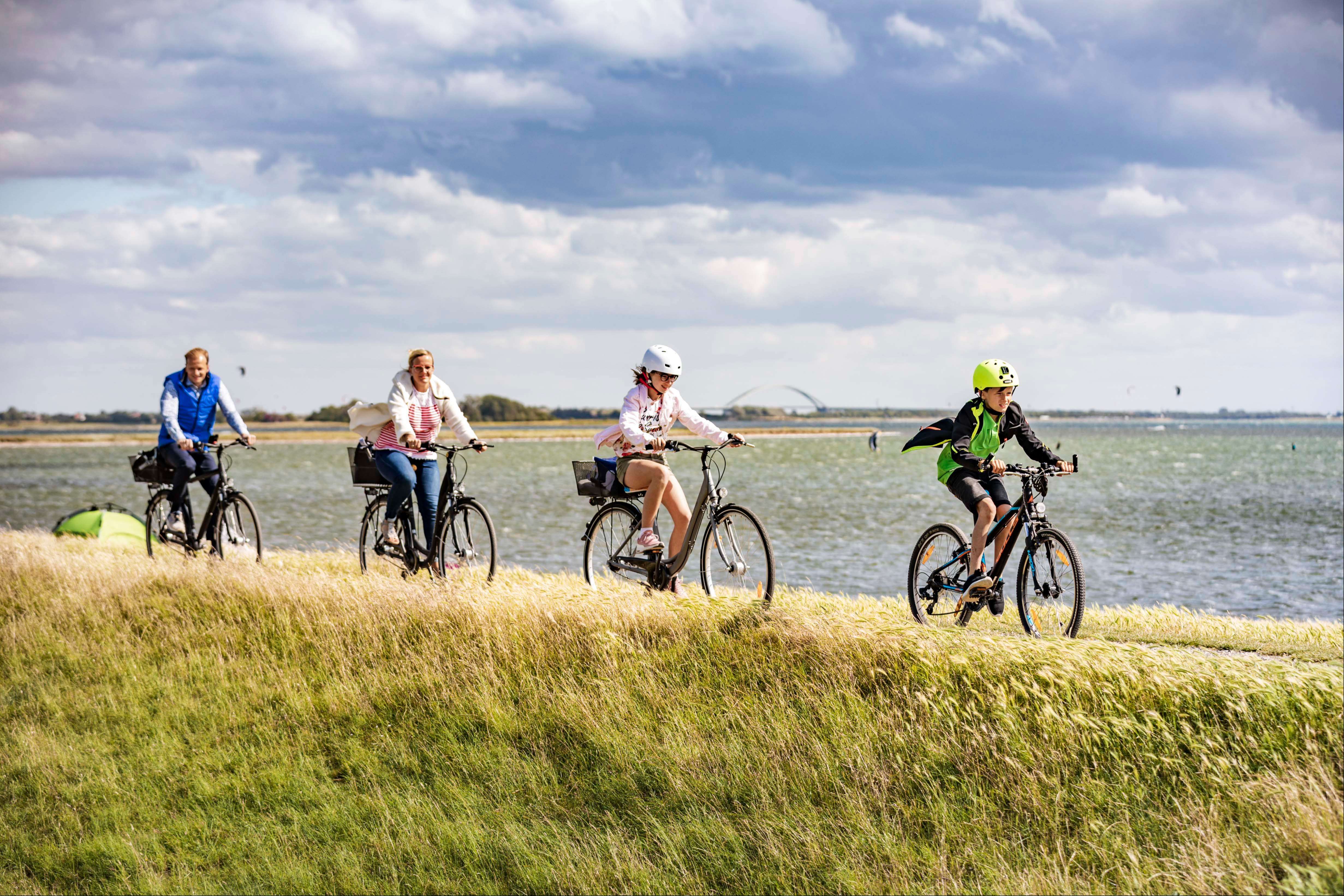 Familie beim Radfahren auf dem Deich auf Fehmarn