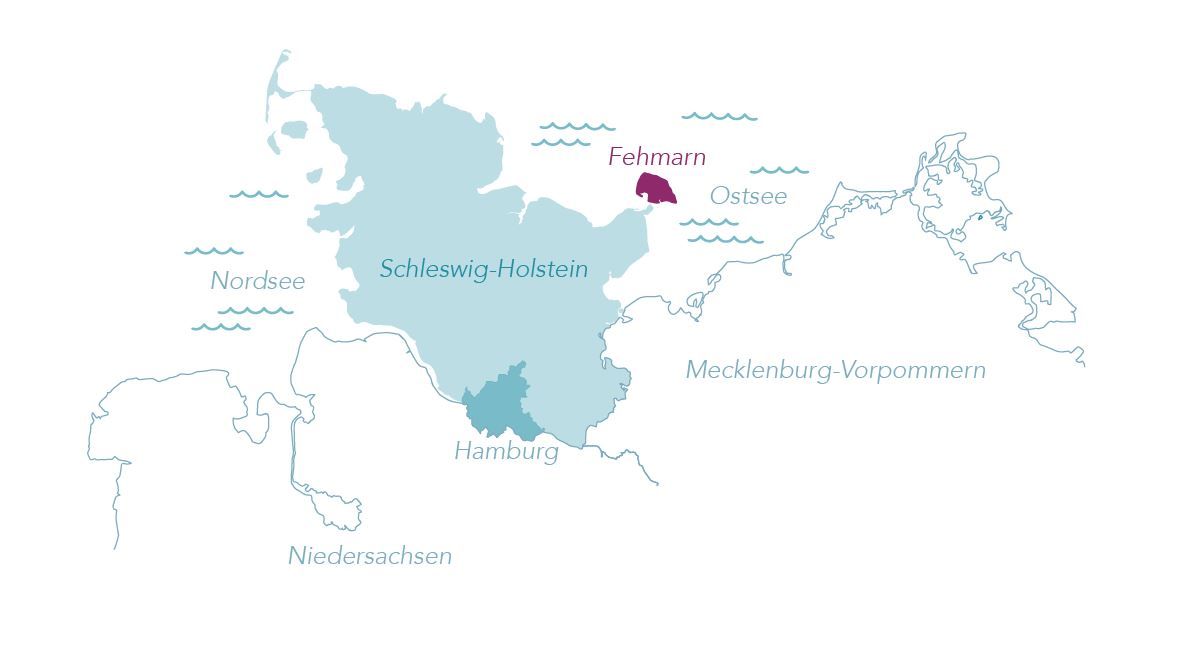 Schleswig-Holstein-Karte in blau und Fehmarn in lila gekennzeichnet